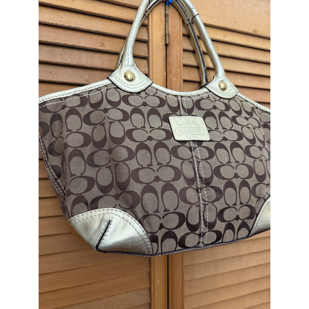 Coach Bleeker Khaki Signature Jacquard/Gold Patent Leather Tote Shoulder Bag - Picture 2 of 11